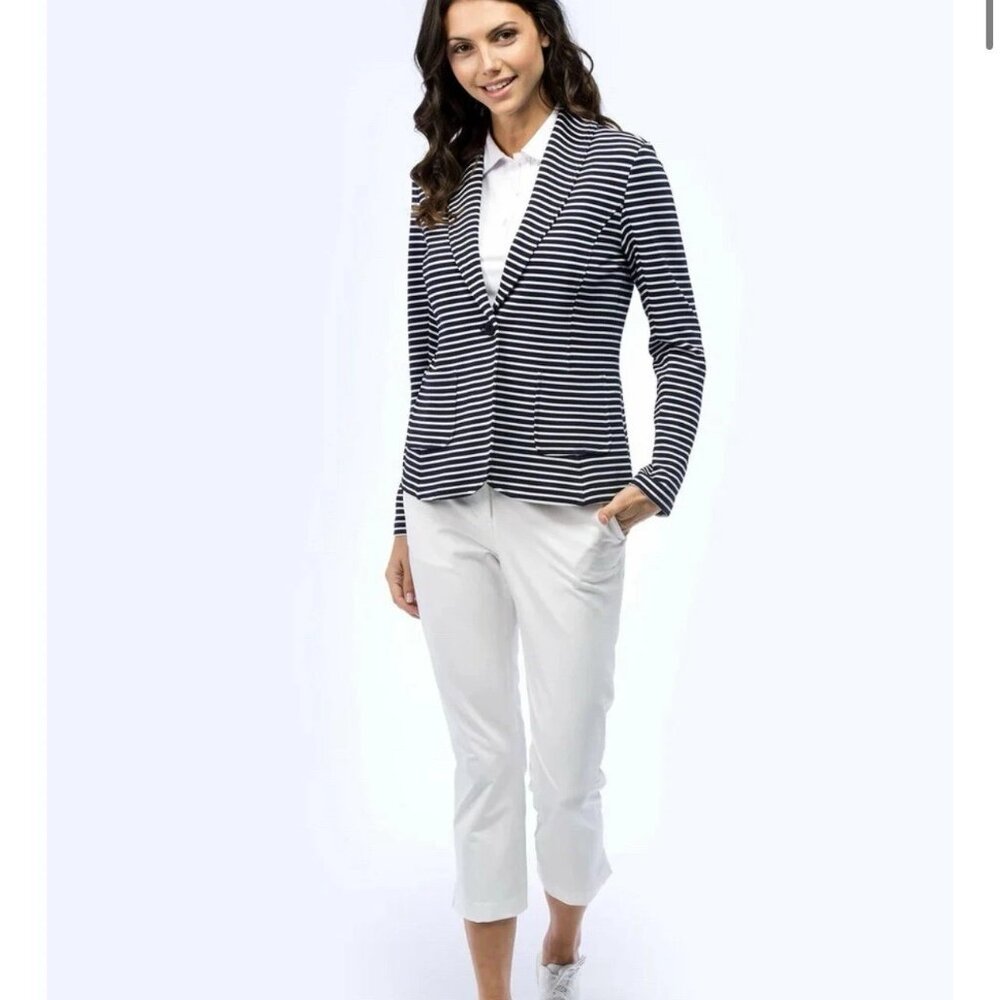 Fairway & Greene Lennox Blazer Blue White Stripe Women's Size Medium EUC